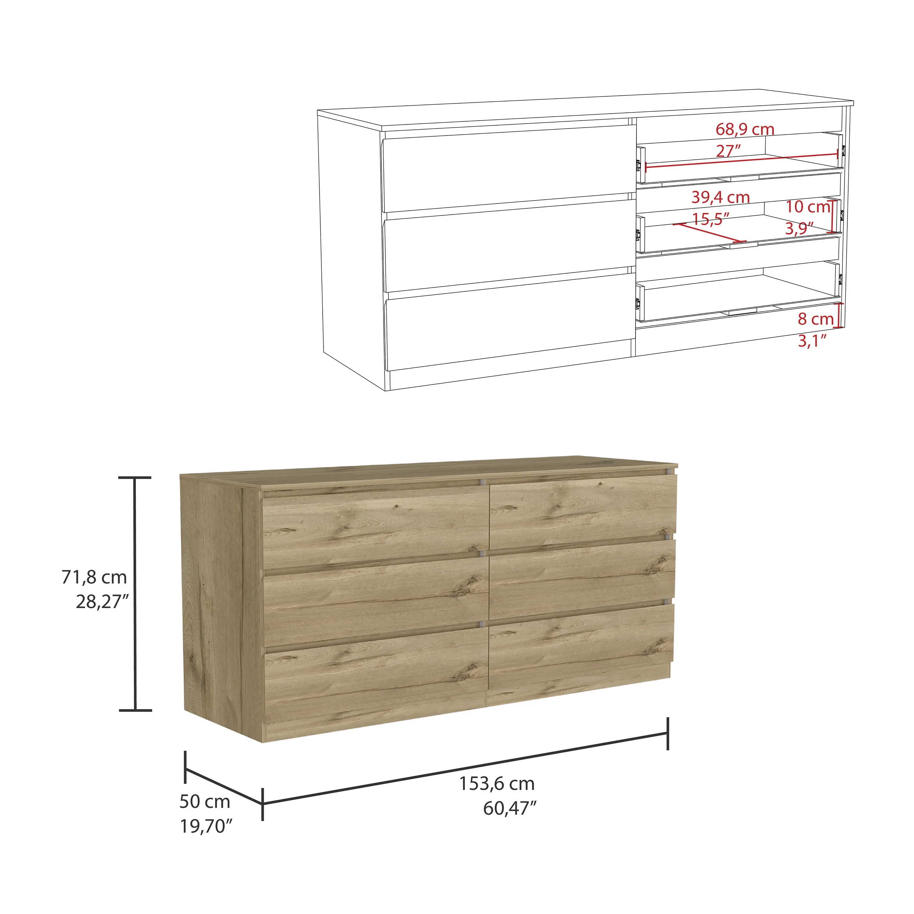 6 Drawer Double Dresser Tronx Superior Top Light Oak/White