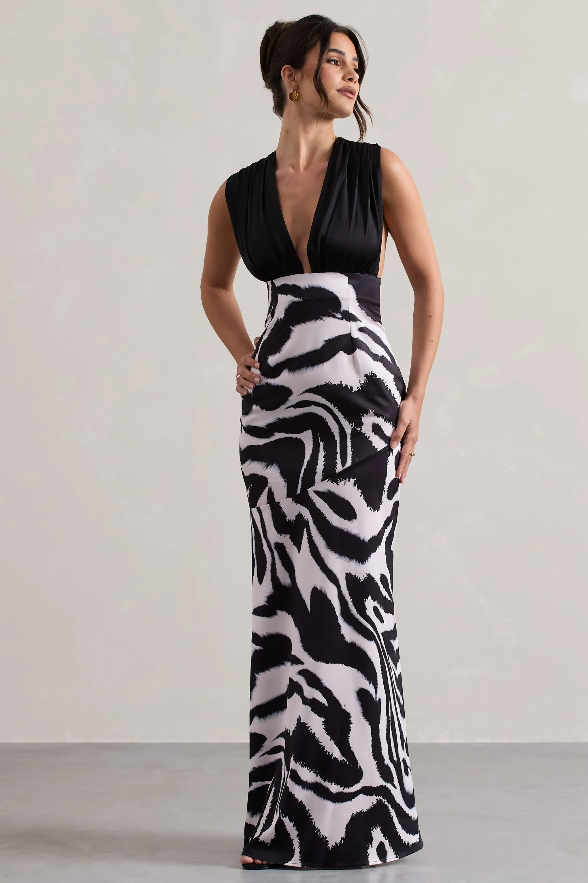 Azzara | Zebra Print Satin Ruched V-Neck Maxi Dress