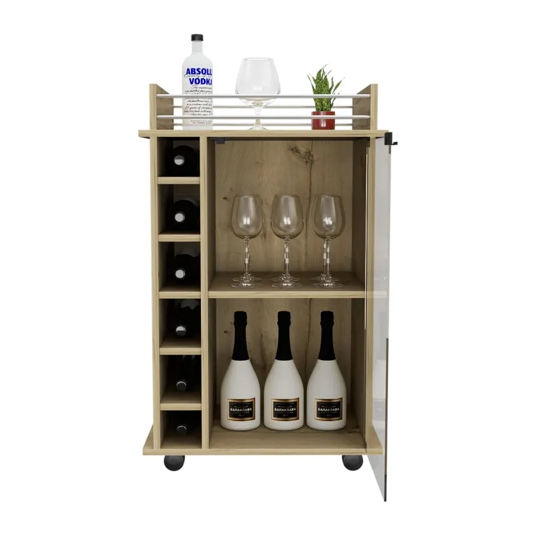 Bar Cart Baltimore 2-Tier Cabinet with Glass Door 6 Wine Cubbies Light Oak