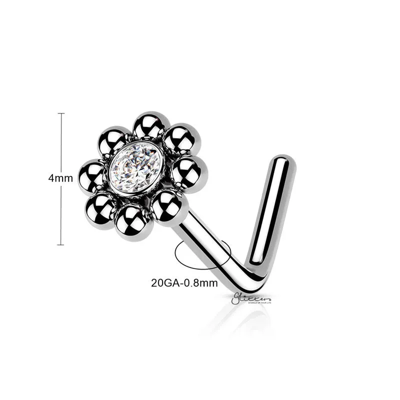 Beaded Ball Edge with CZ Center L Bend Nose Stud Ring - Silver