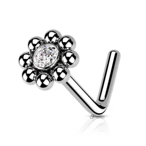 Beaded Ball Edge with CZ Center L Bend Nose Stud Ring - Silver