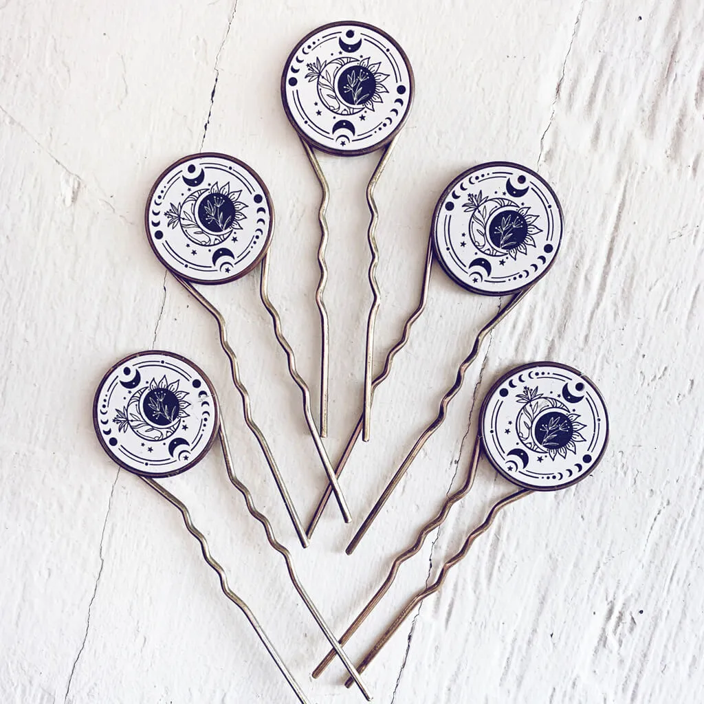 bohemian moon // antique brass hair fork stick pin with moon sun and flower motif