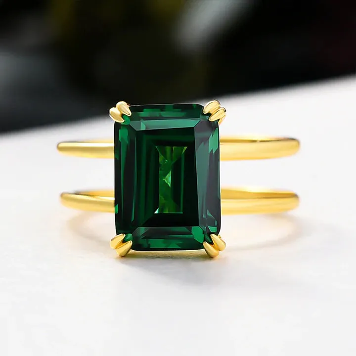 Classic Emerald Green Golden Tone Engagement Ring In Sterling Silver