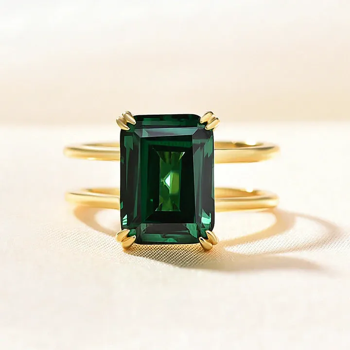 Classic Emerald Green Golden Tone Engagement Ring In Sterling Silver