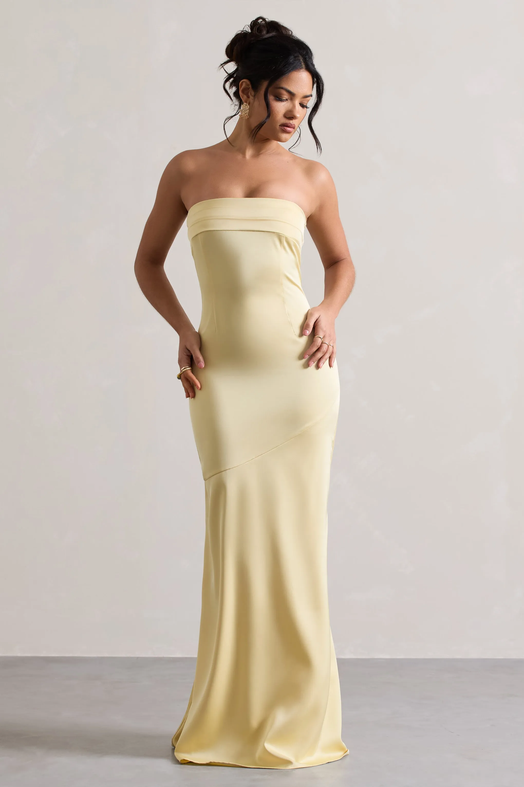 Colada | Lemon Satin Pleated Bandeau Maxi Dress