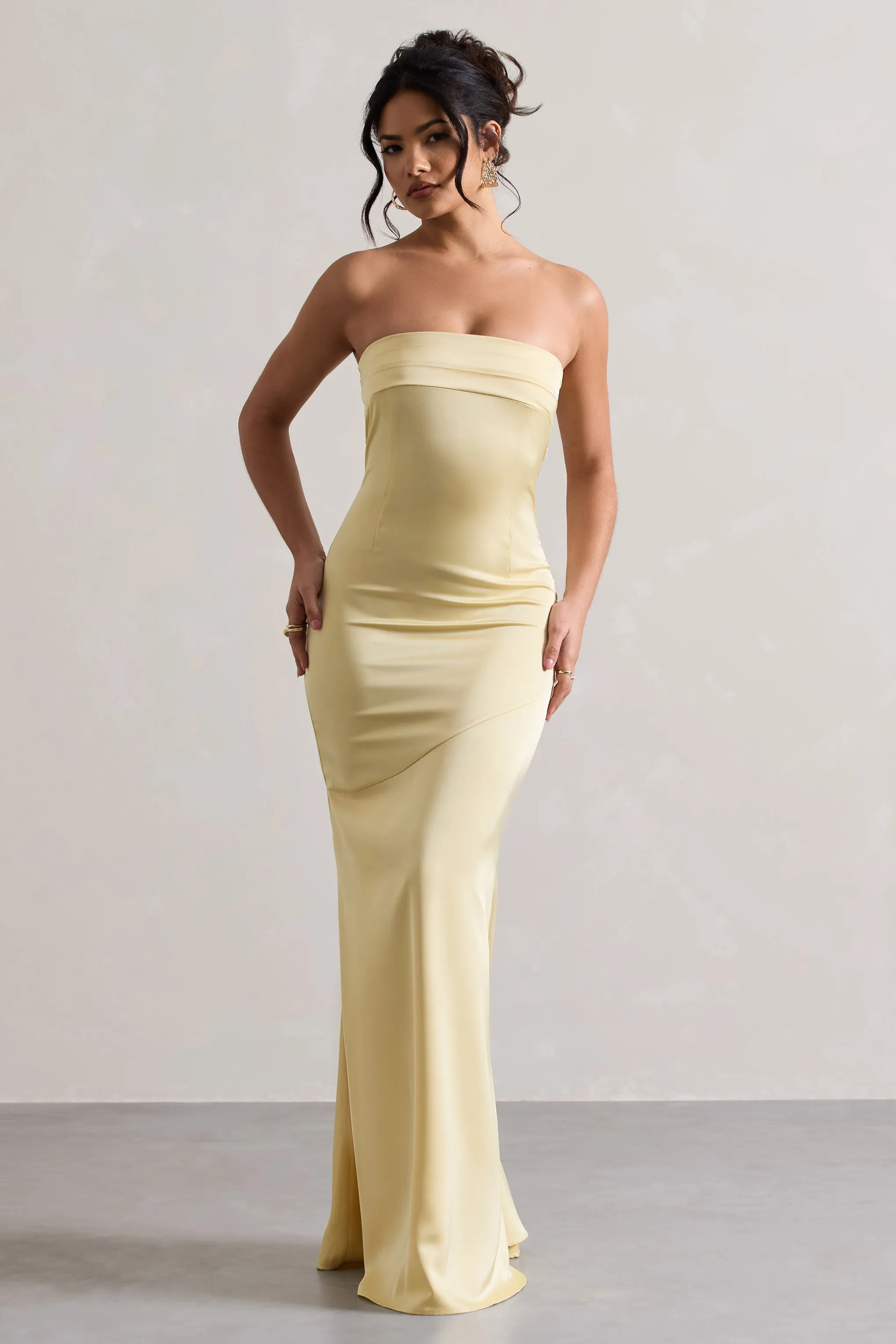 Colada | Lemon Satin Pleated Bandeau Maxi Dress