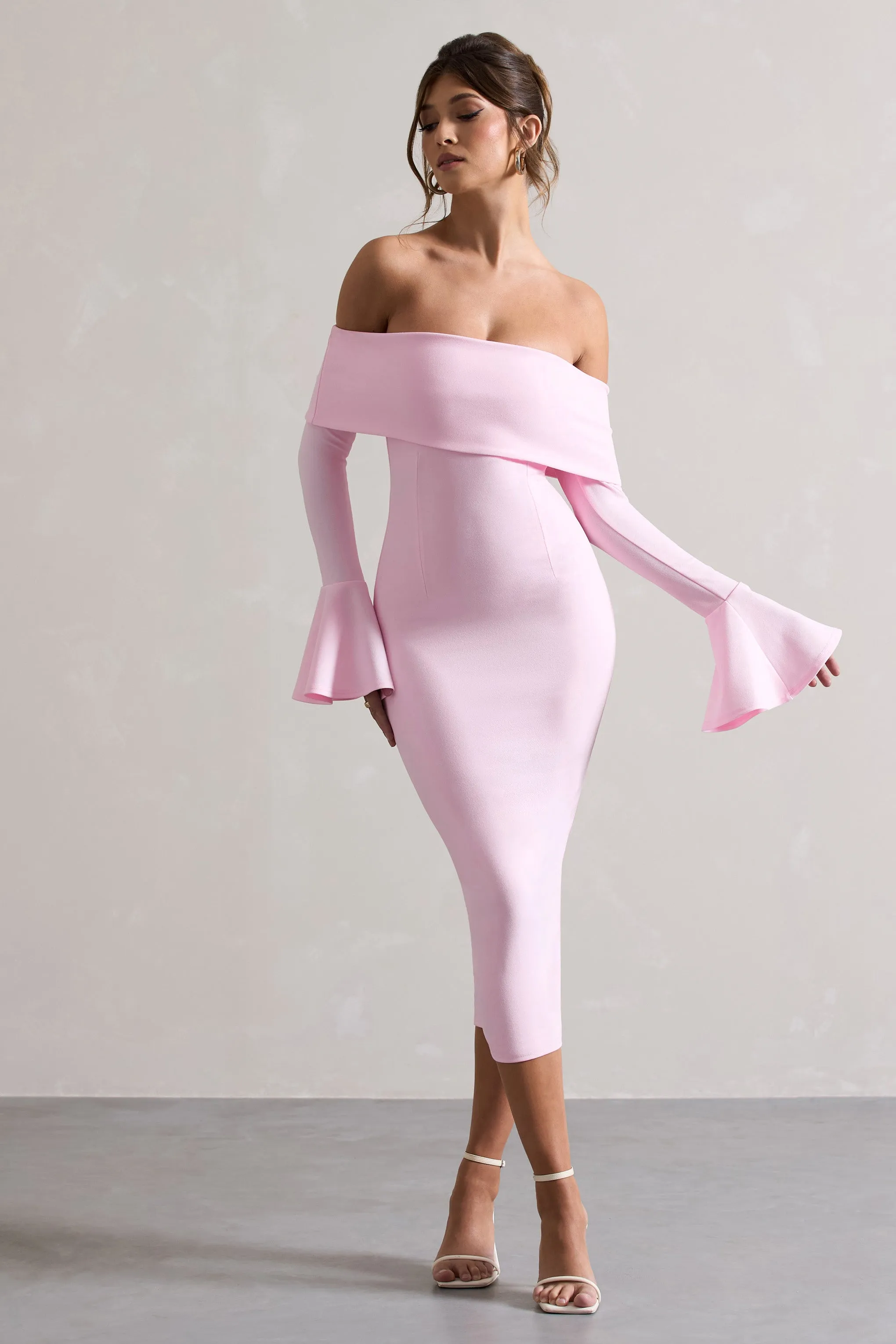 Emma | Pink Bardot Flared-Sleeve Midi Dress