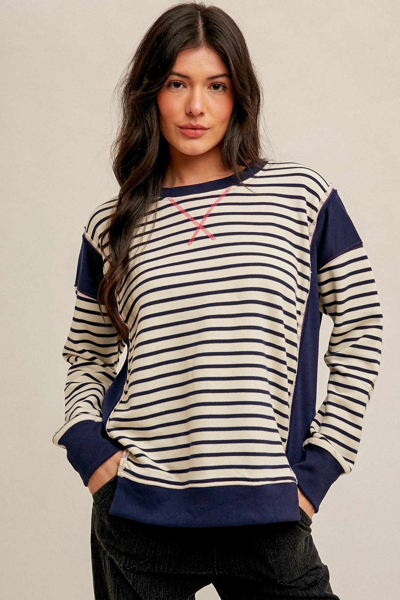 French Terry Stripe Mix Oversized Pullover