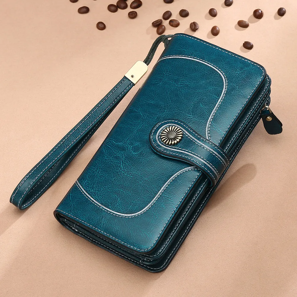 Genuine Leather Long Section Four Clover Zipper Wallet