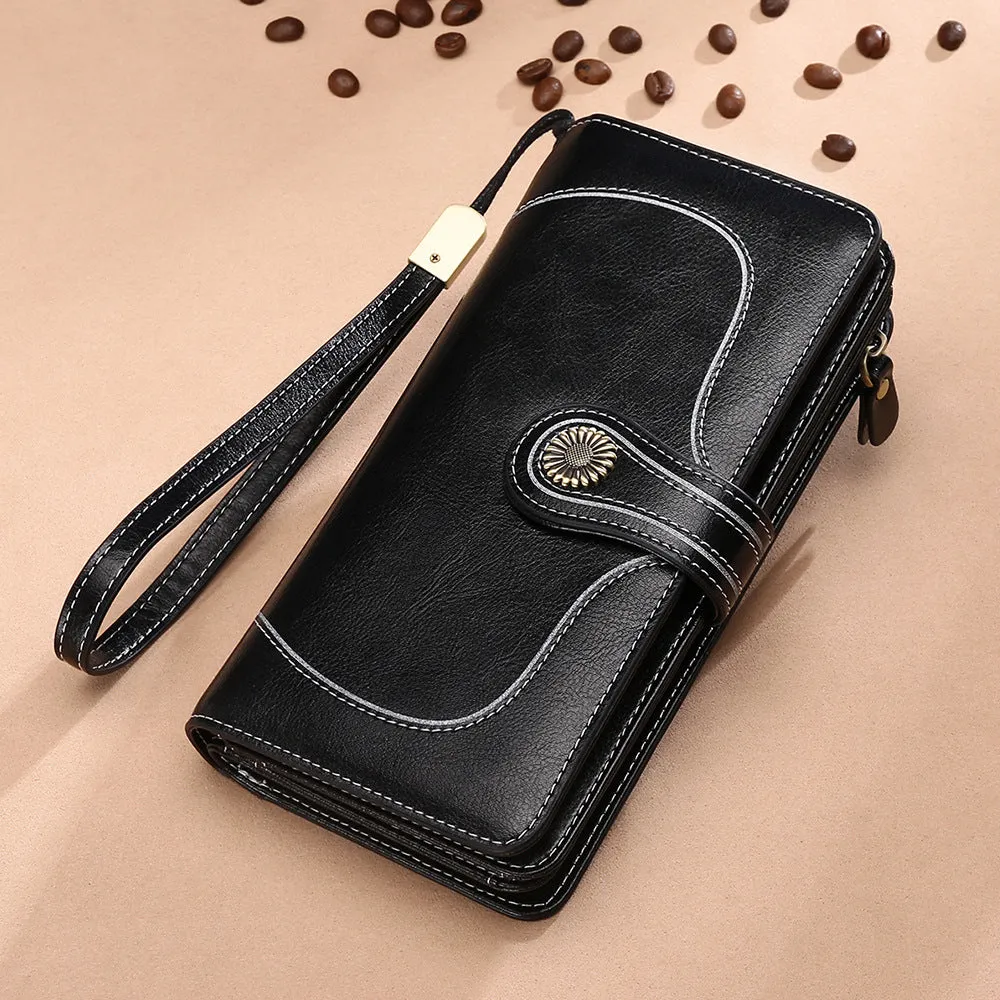 Genuine Leather Long Section Four Clover Zipper Wallet