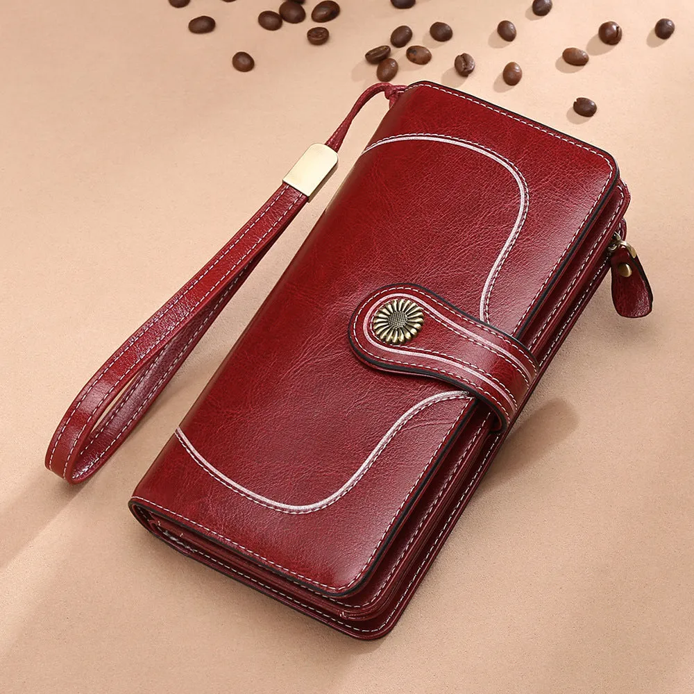 Genuine Leather Long Section Four Clover Zipper Wallet