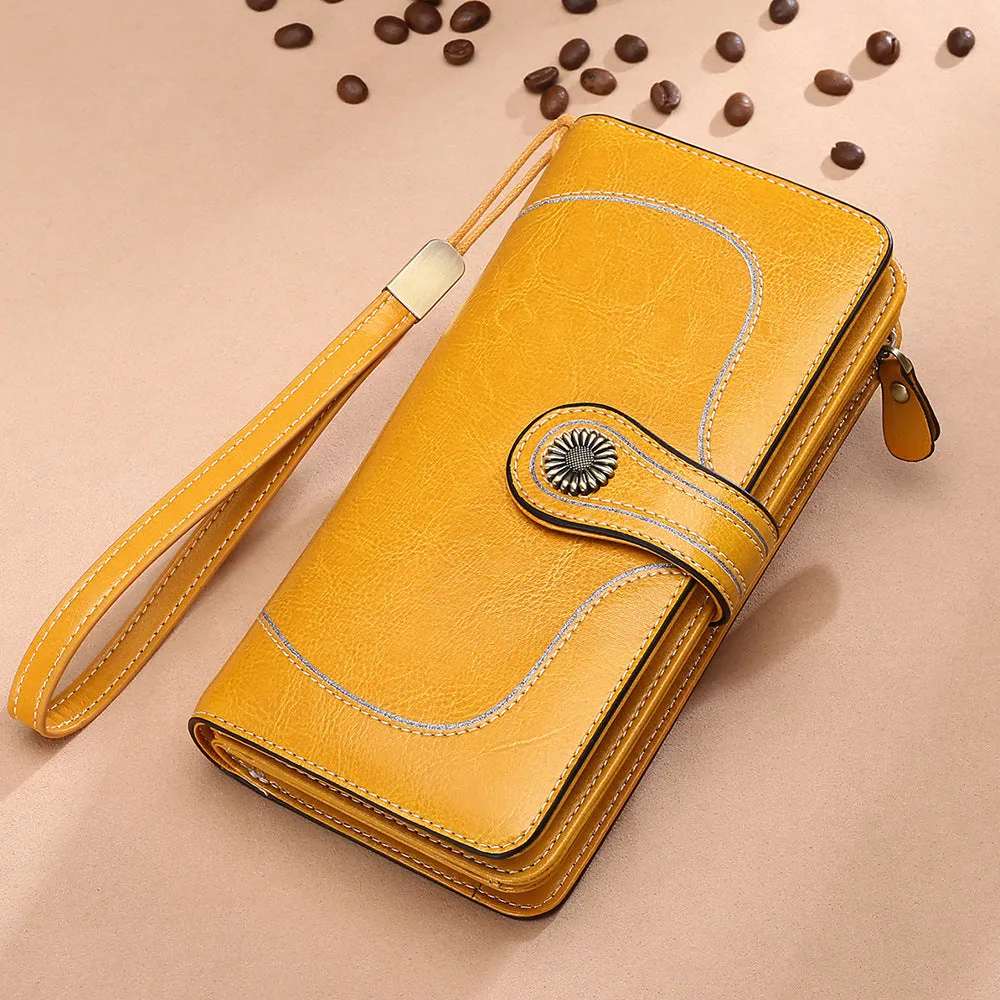 Genuine Leather Long Section Four Clover Zipper Wallet