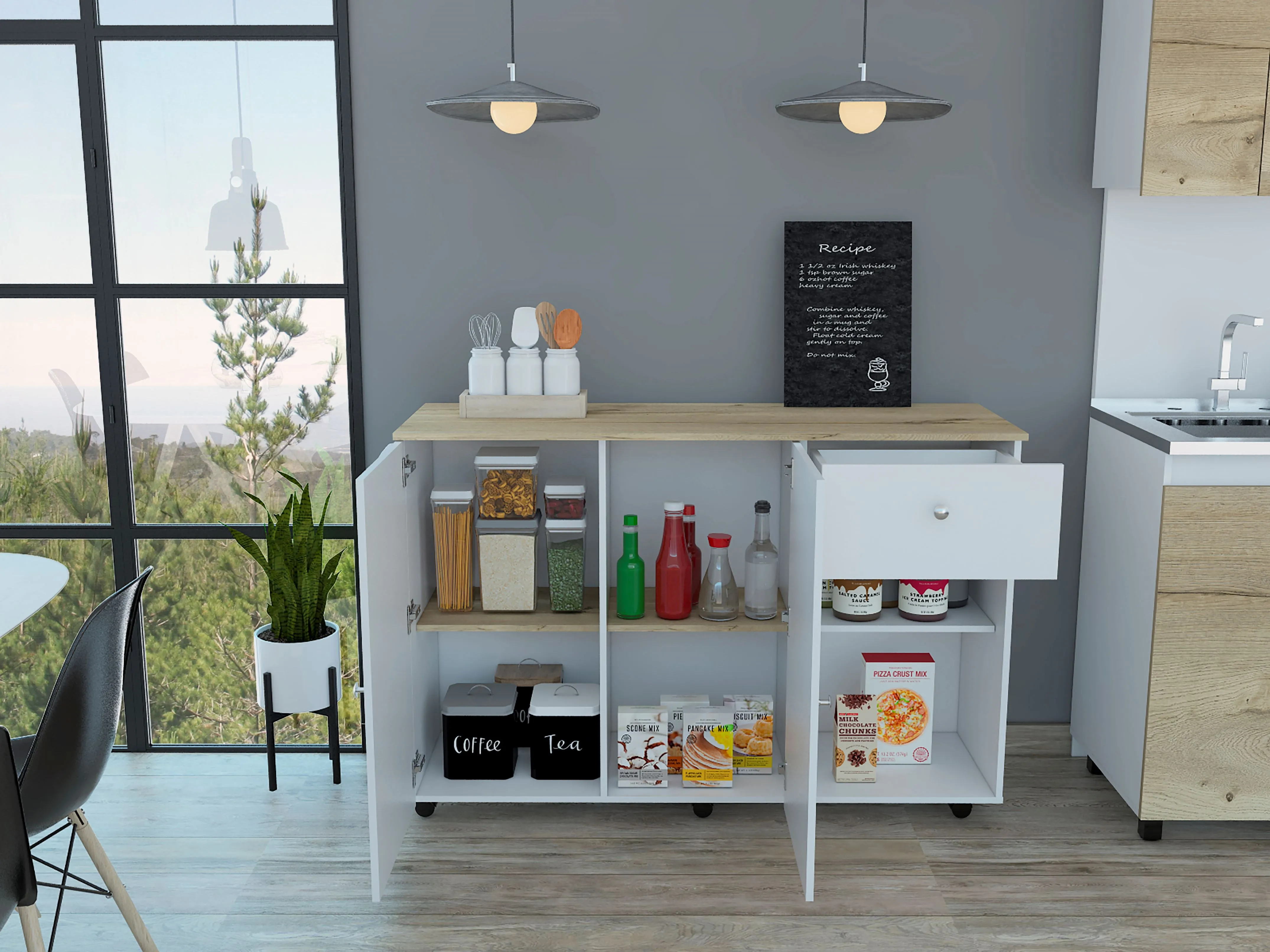 Kitchen Island Cart Indiana 4 Interior Shelves White/Light Oak