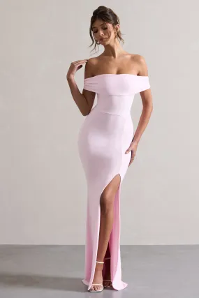 Sure! How about Stunning Pink Maxi Dress with Bardot Draping and Elegant Split - Law of Attraction Collection?