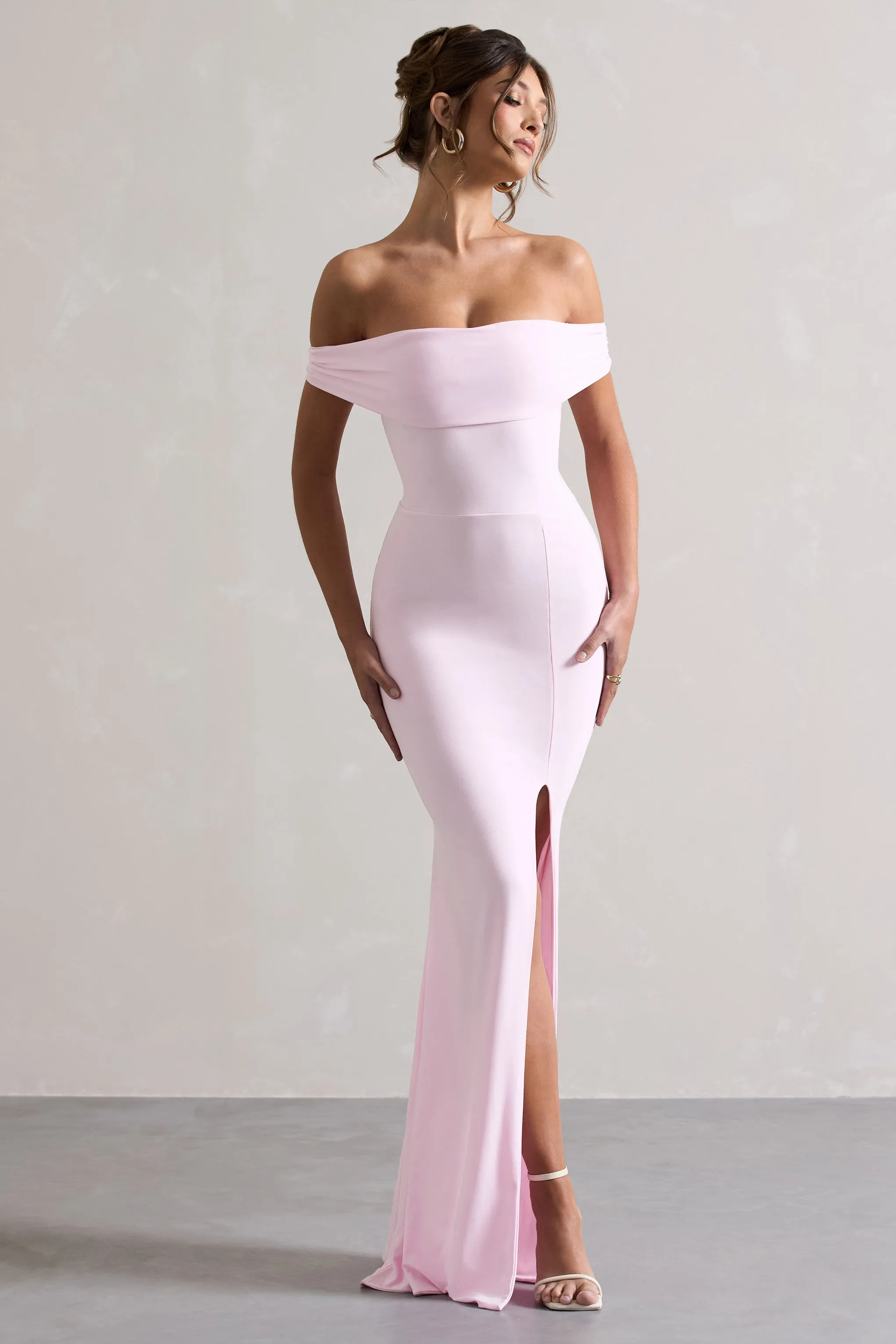 Sure! How about Stunning Pink Maxi Dress with Bardot Draping and Elegant Split - Law of Attraction Collection?