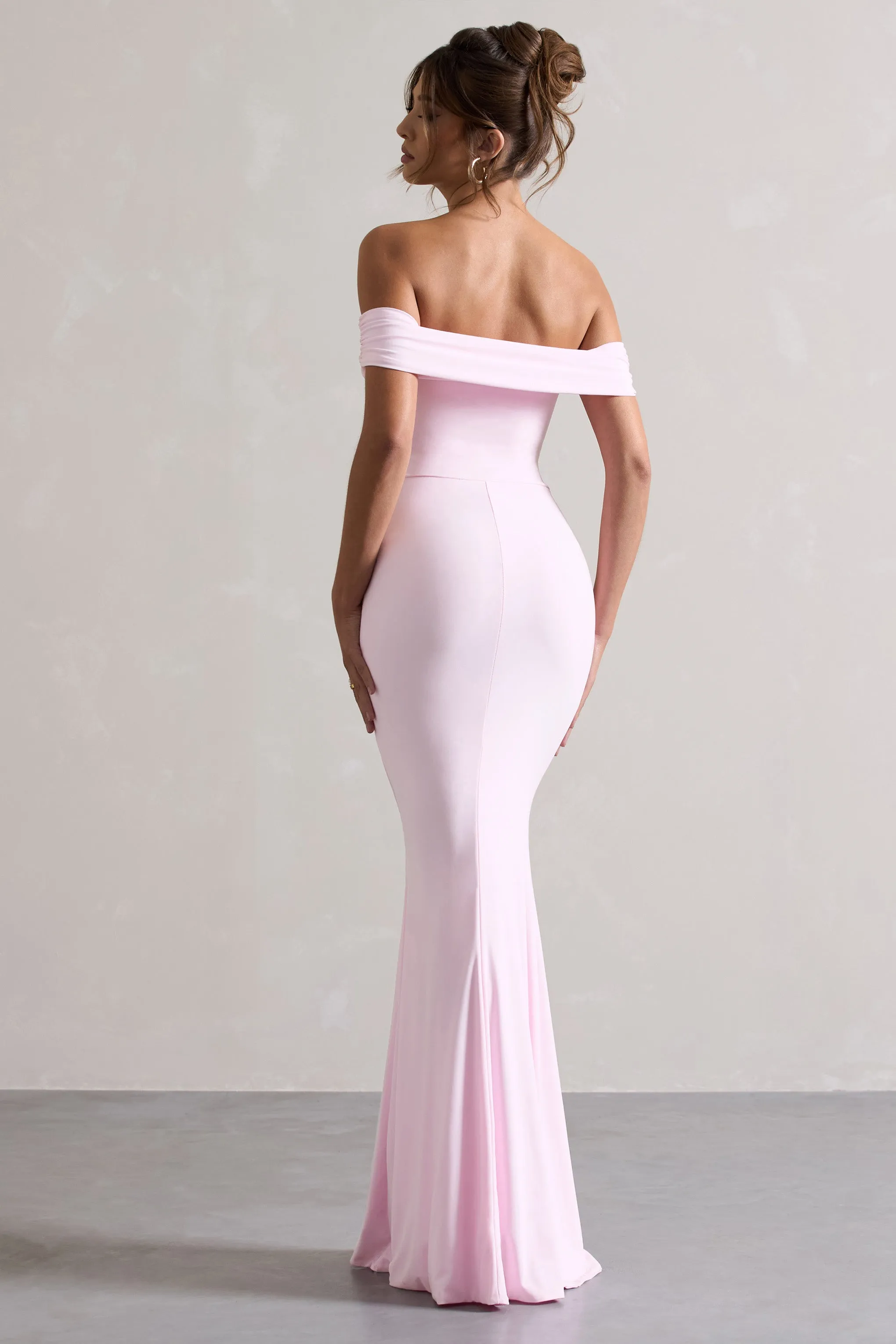 Sure! How about Stunning Pink Maxi Dress with Bardot Draping and Elegant Split - Law of Attraction Collection?