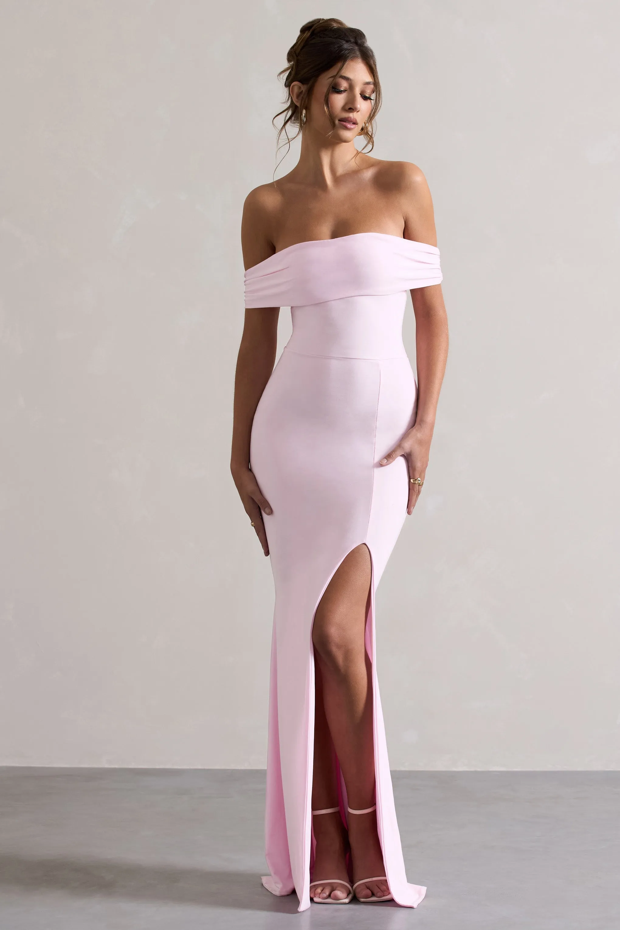 Sure! How about Stunning Pink Maxi Dress with Bardot Draping and Elegant Split - Law of Attraction Collection?