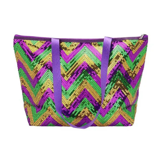 Mardi Gras Chevron Sequin Tote Shoulder Bag