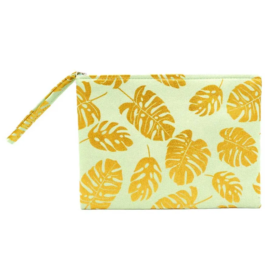 Metallic Tropical Leaf Patterned Pouch Clutch Bag