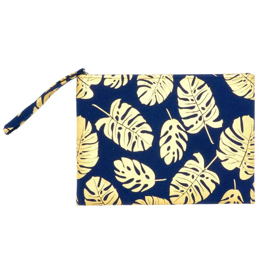 Metallic Tropical Leaf Patterned Pouch Clutch Bag