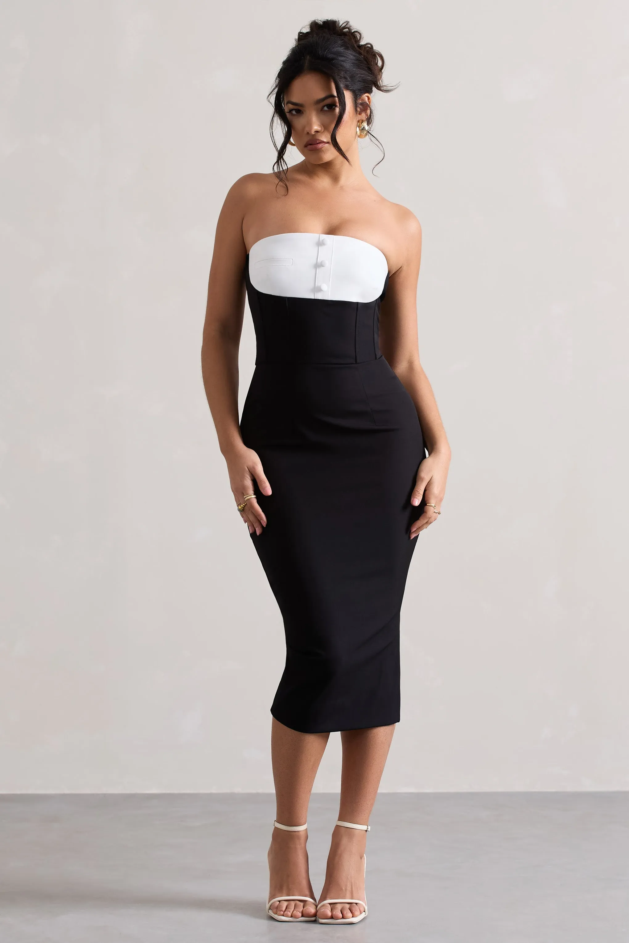 My Darling | Black Tailored Bandeau Split Midi Dress