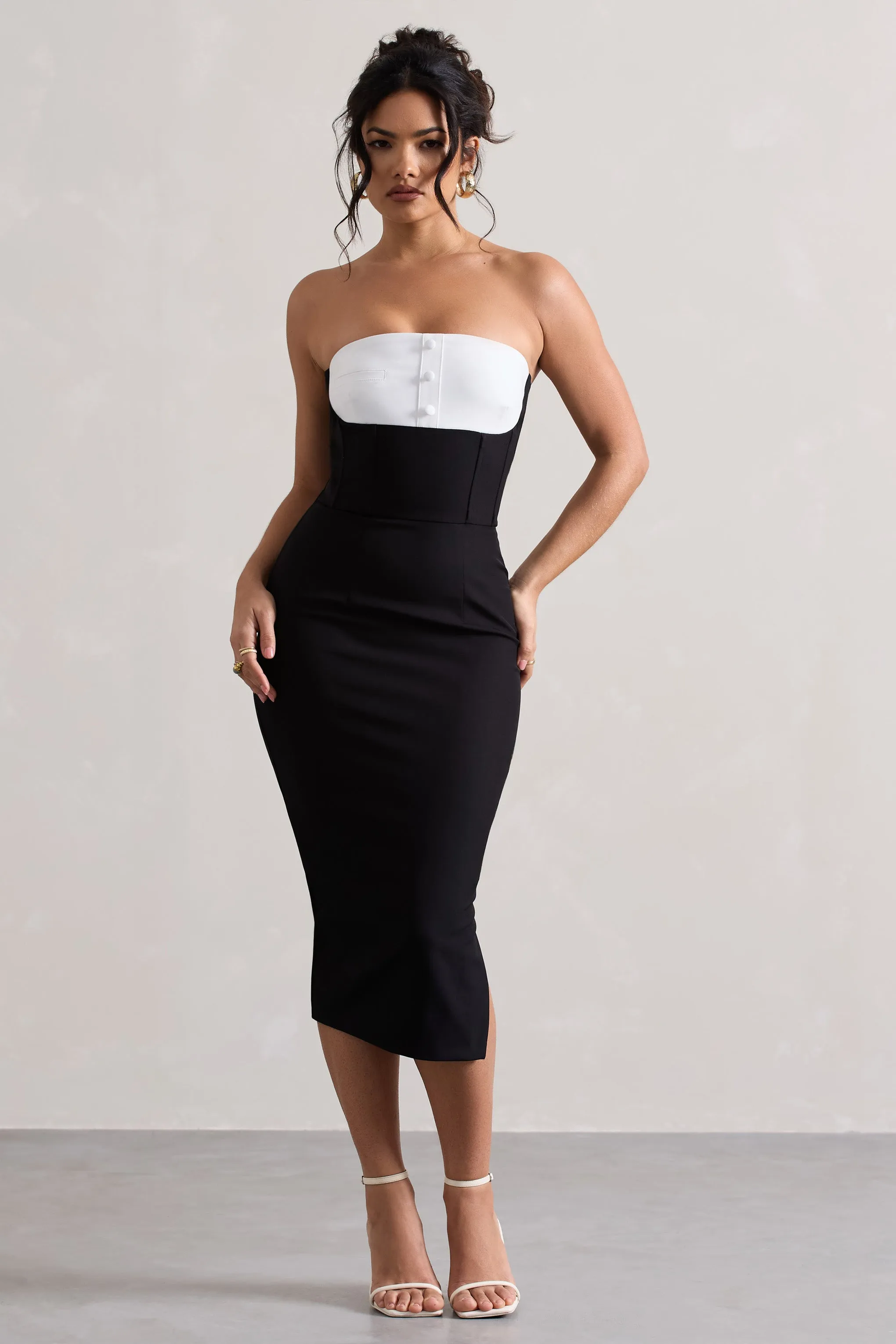 My Darling | Black Tailored Bandeau Split Midi Dress