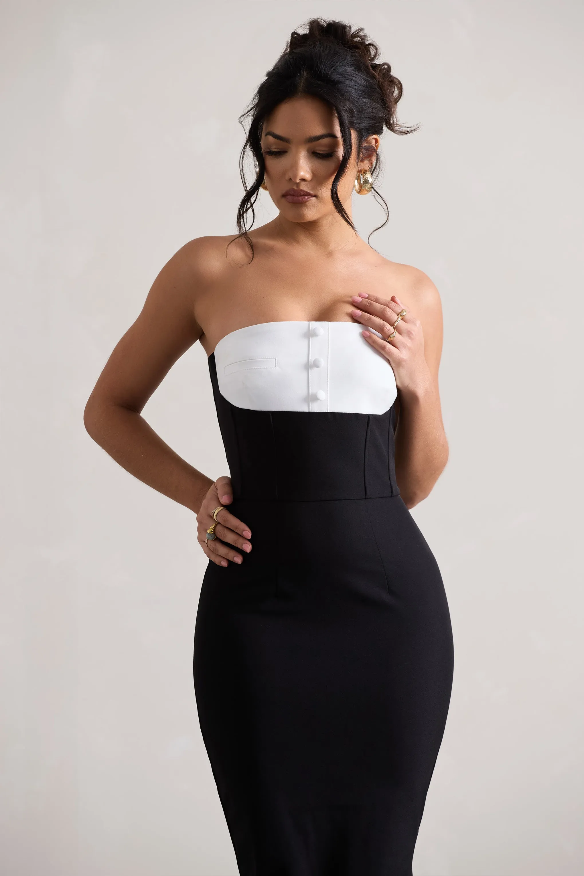 My Darling | Black Tailored Bandeau Split Midi Dress