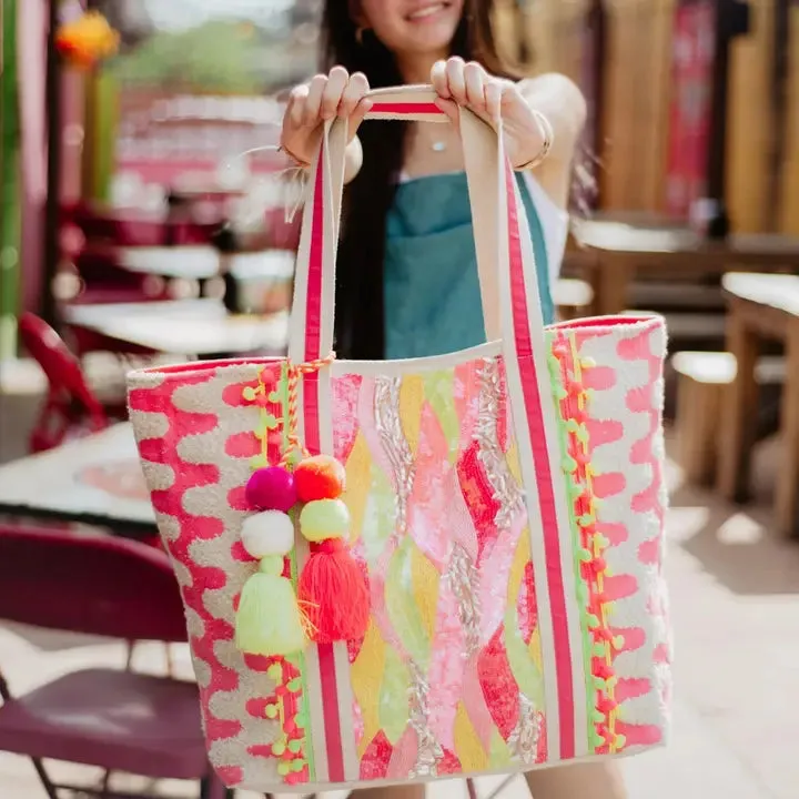 Pink/Yellow/Champagne Sequin & Beaded Large Tote Bag