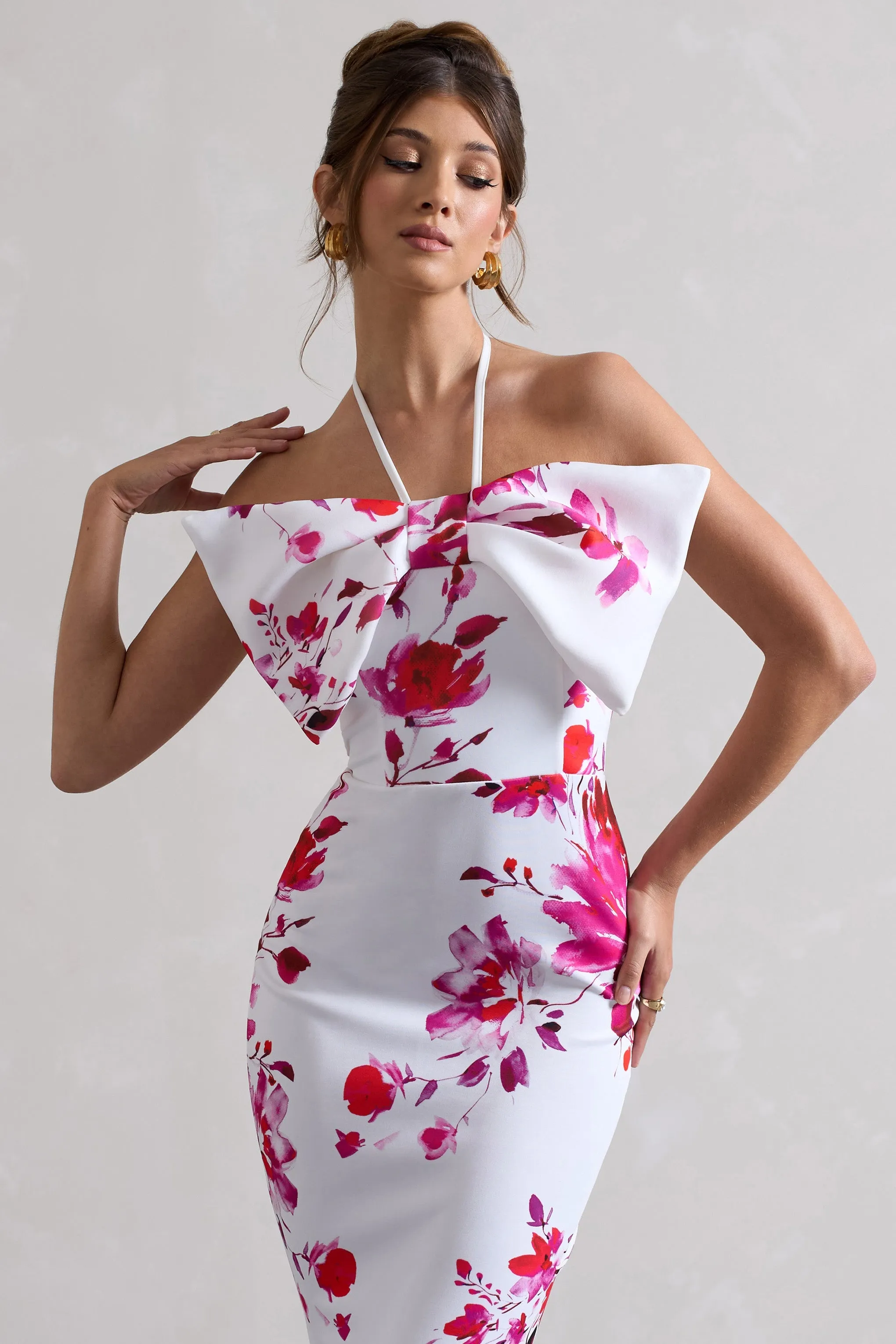 Sakura | Pink Floral Print Halter-Neck Fishtail Maxi Dress With Bow