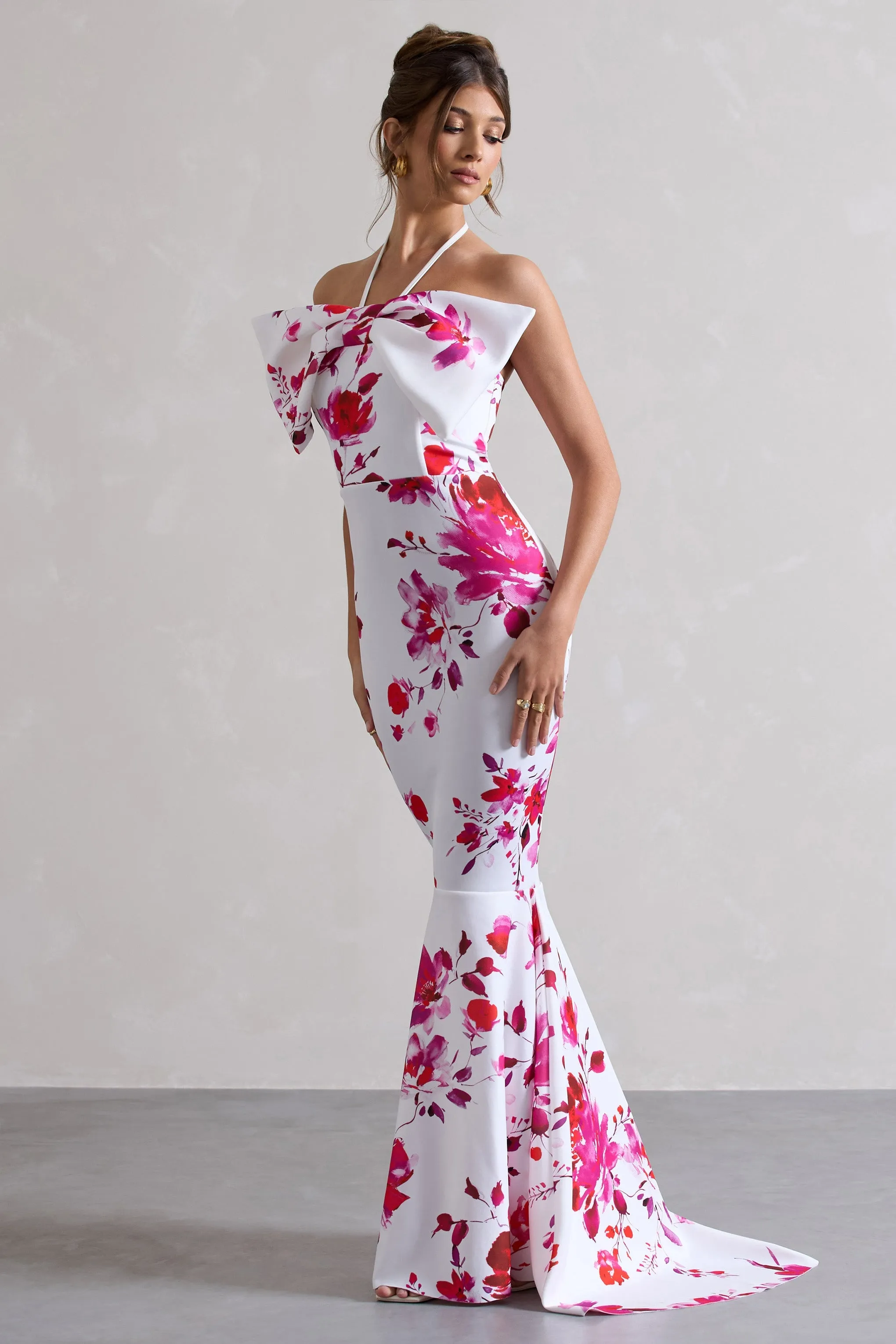 Sakura | Pink Floral Print Halter-Neck Fishtail Maxi Dress With Bow