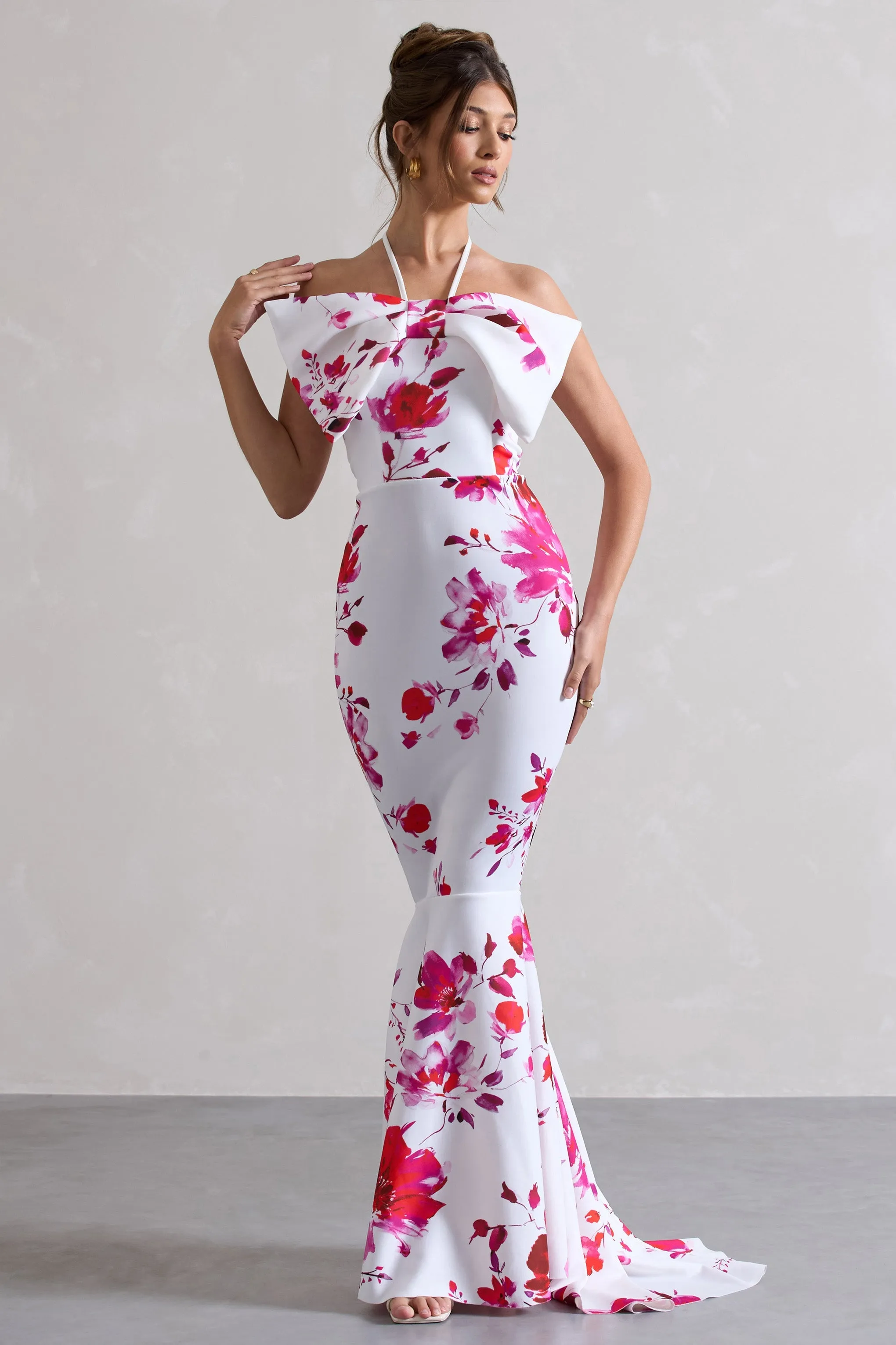 Sakura | Pink Floral Print Halter-Neck Fishtail Maxi Dress With Bow