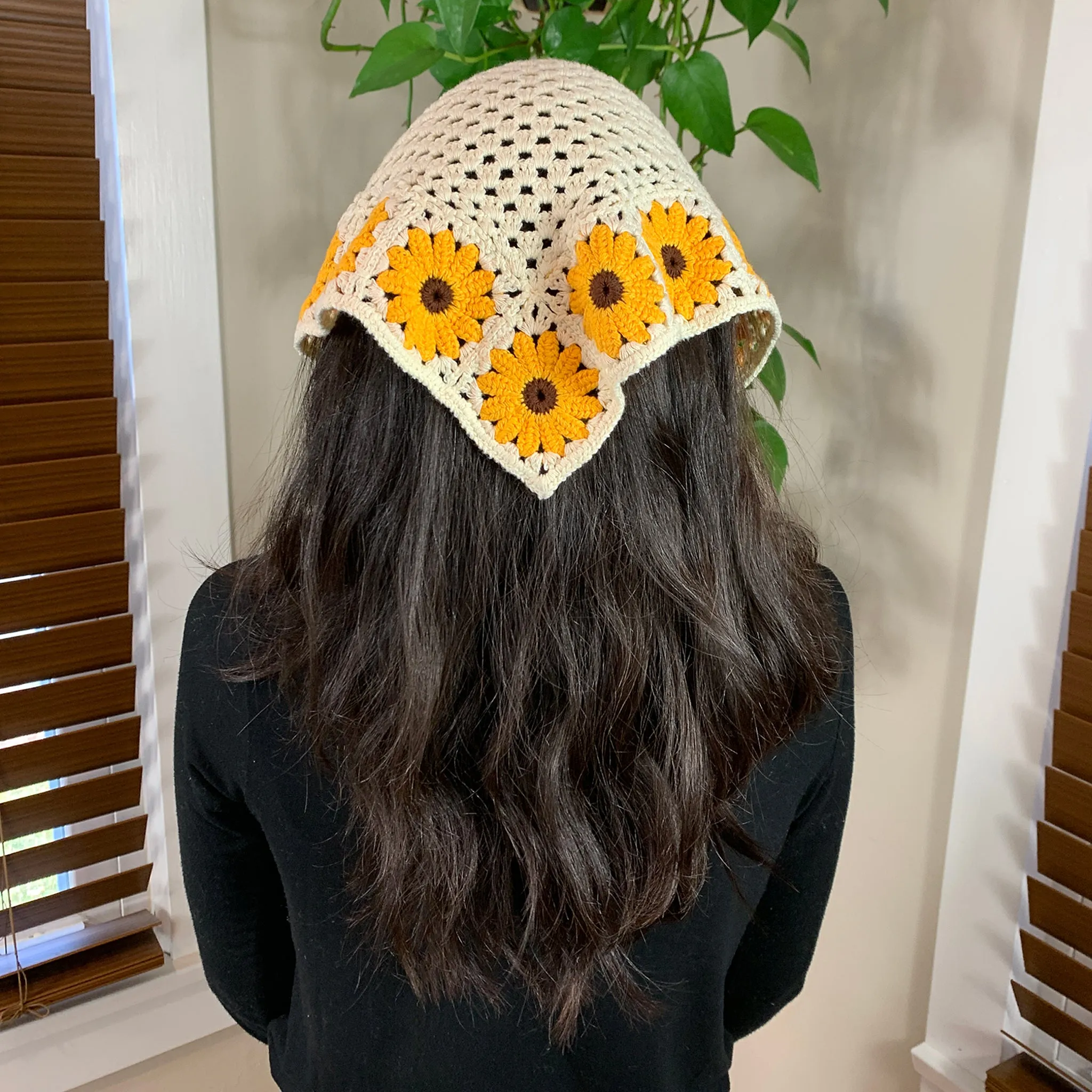 Solar Eclipse Daisy Floral Hand Knit Crochet Hair Scarf in White