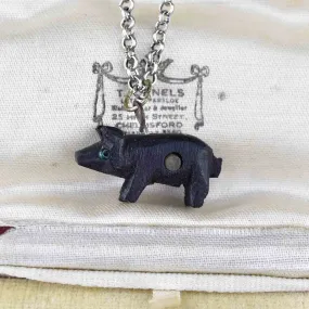 Antique Victorian Irish Bog Oak Pig Stanhope Charm Necklace with Detailed Miniature Scene