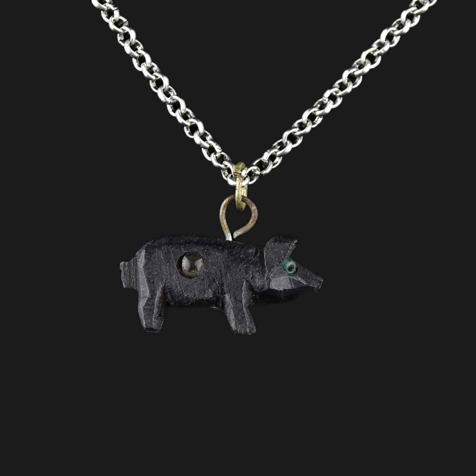 Antique Victorian Irish Bog Oak Pig Stanhope Charm Necklace with Detailed Miniature Scene