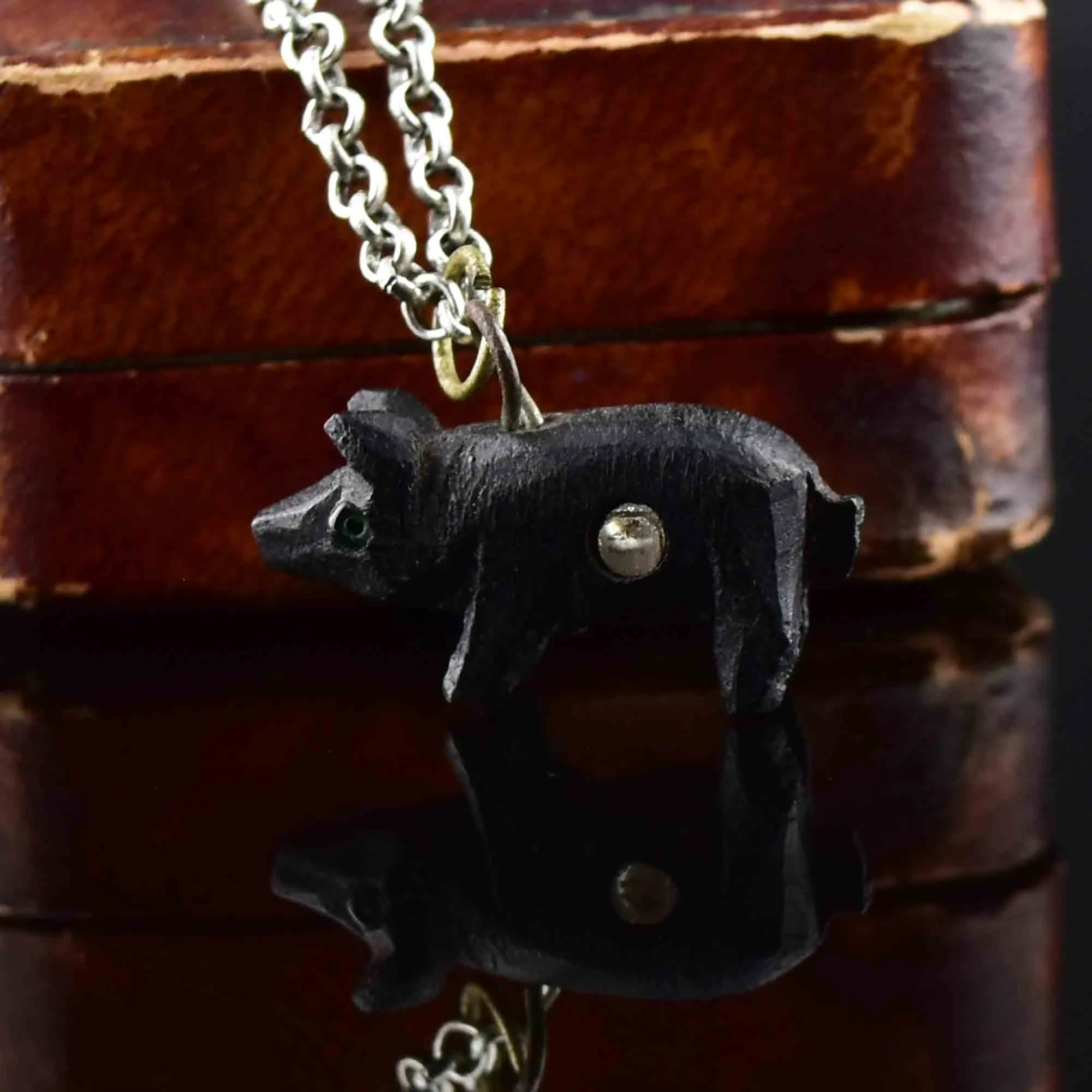 Antique Victorian Irish Bog Oak Pig Stanhope Charm Necklace with Detailed Miniature Scene