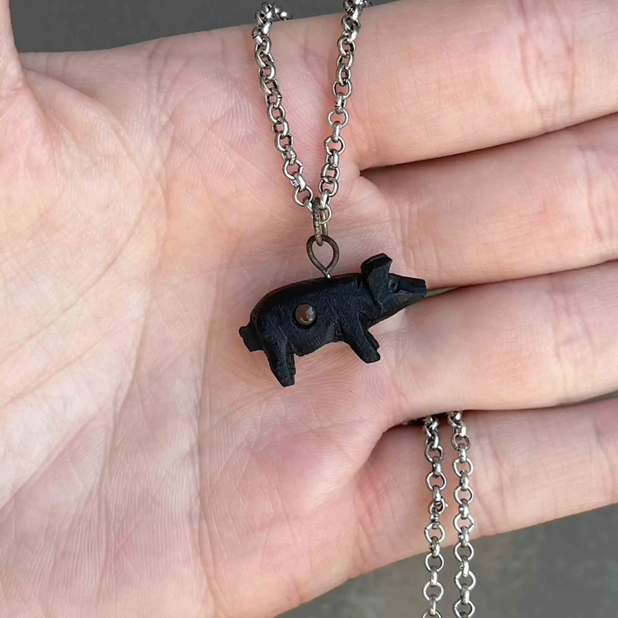 Antique Victorian Irish Bog Oak Pig Stanhope Charm Necklace with Detailed Miniature Scene