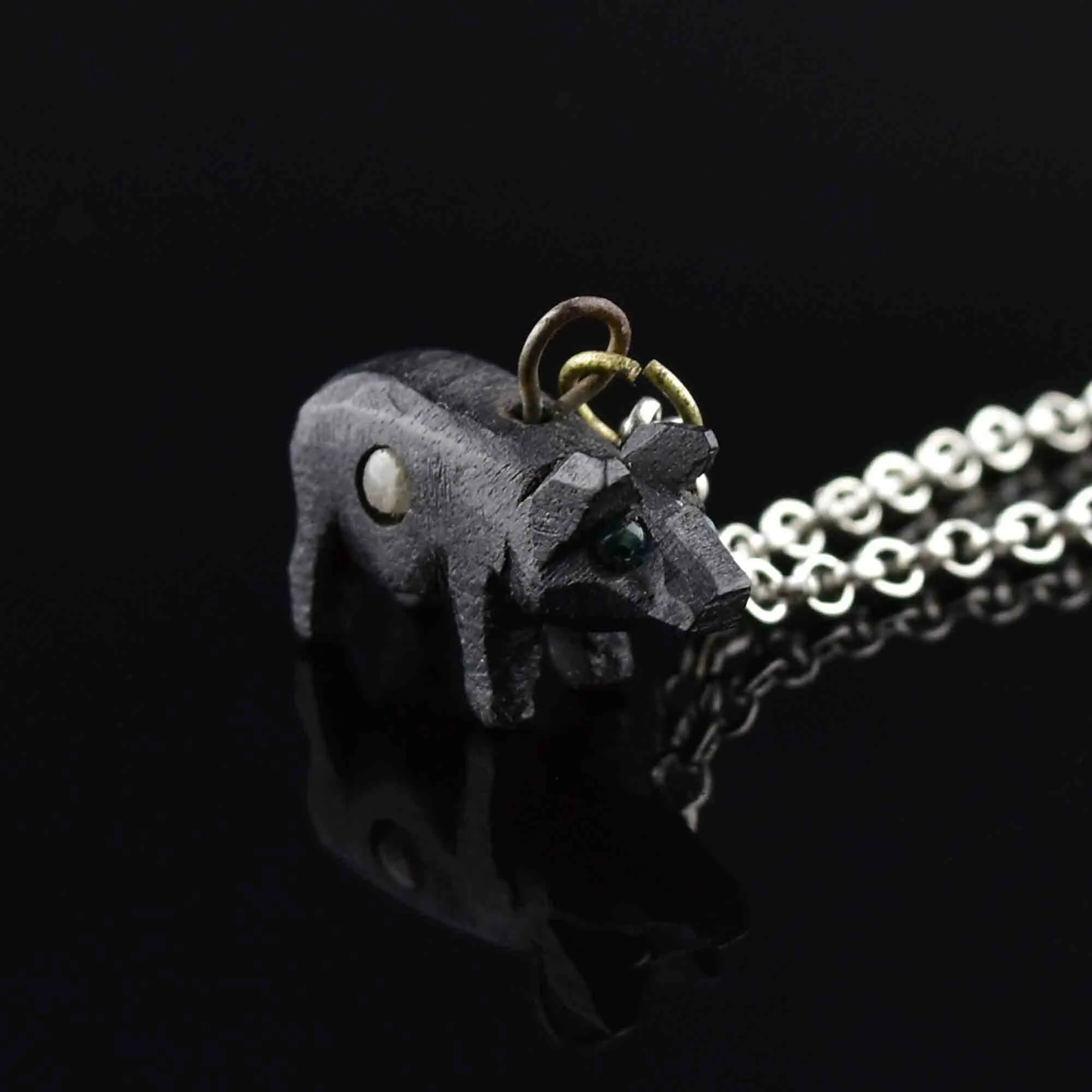 Antique Victorian Irish Bog Oak Pig Stanhope Charm Necklace with Detailed Miniature Scene