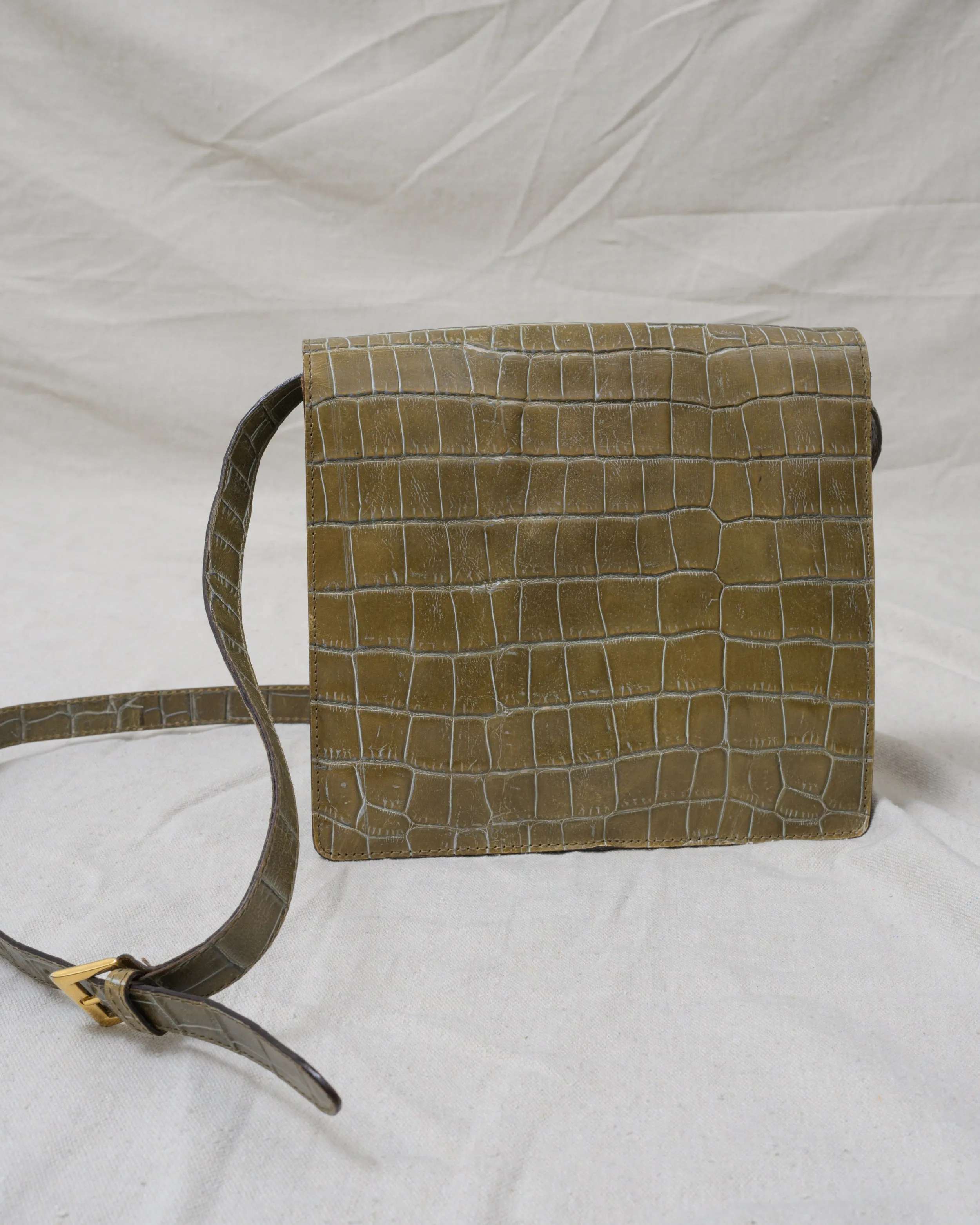 Vintage Olive Croc Embossed Leather Bag